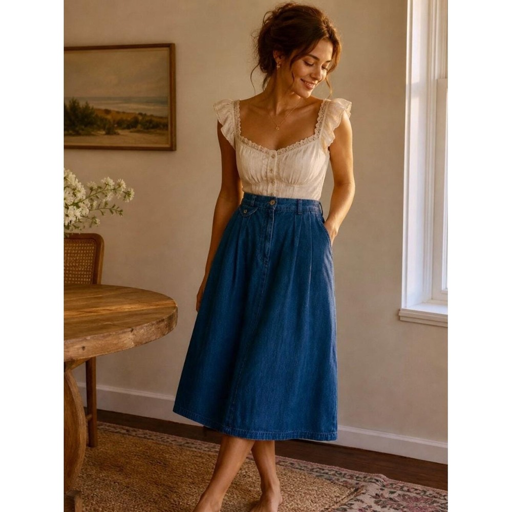 Vintage Lands End Denim Midi Skirt Blue Cotton Pleated High Waist Made in USA - Picture 1 of 7